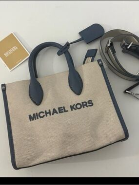 Michael Kors Beige Canvas Tote with Navy Trim